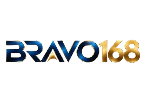 โลโก้ BRAVO168 ตัวอักษร BRAVO ตัวหนาทรงเหลี่ยมไล่เฉดจากโครเมียมขาวเงินลงเป็นน้ำเงินรอยัลเข้ม มีเส้นขอบทองบางล้อมทุกตัว ต่อท้ายด้วยเลข 168 สีทองตันเงาวาว เรียงติดกันเป็นบรรทัดเดียว